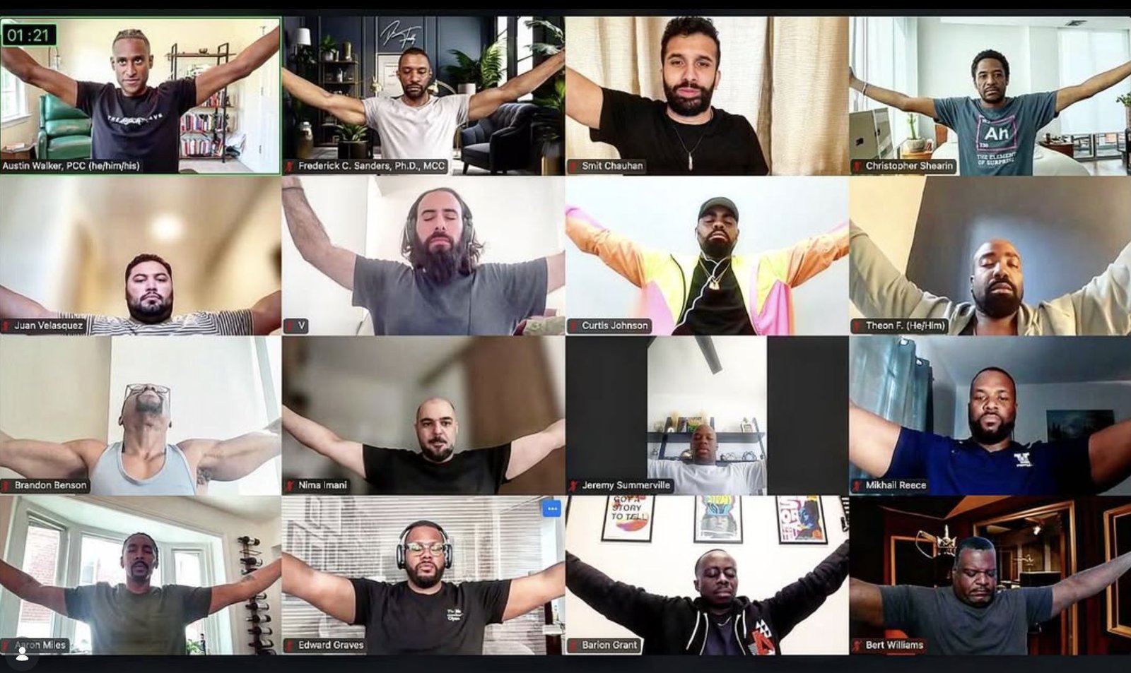 A grid of TMC brothers on a video call, arms open wide during a breathing practice